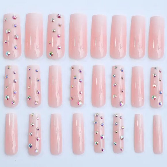 24pcs Sparkling Pink Gradient Rhinestone Press-On Nails for Women and Girls - Picture 5 of 7